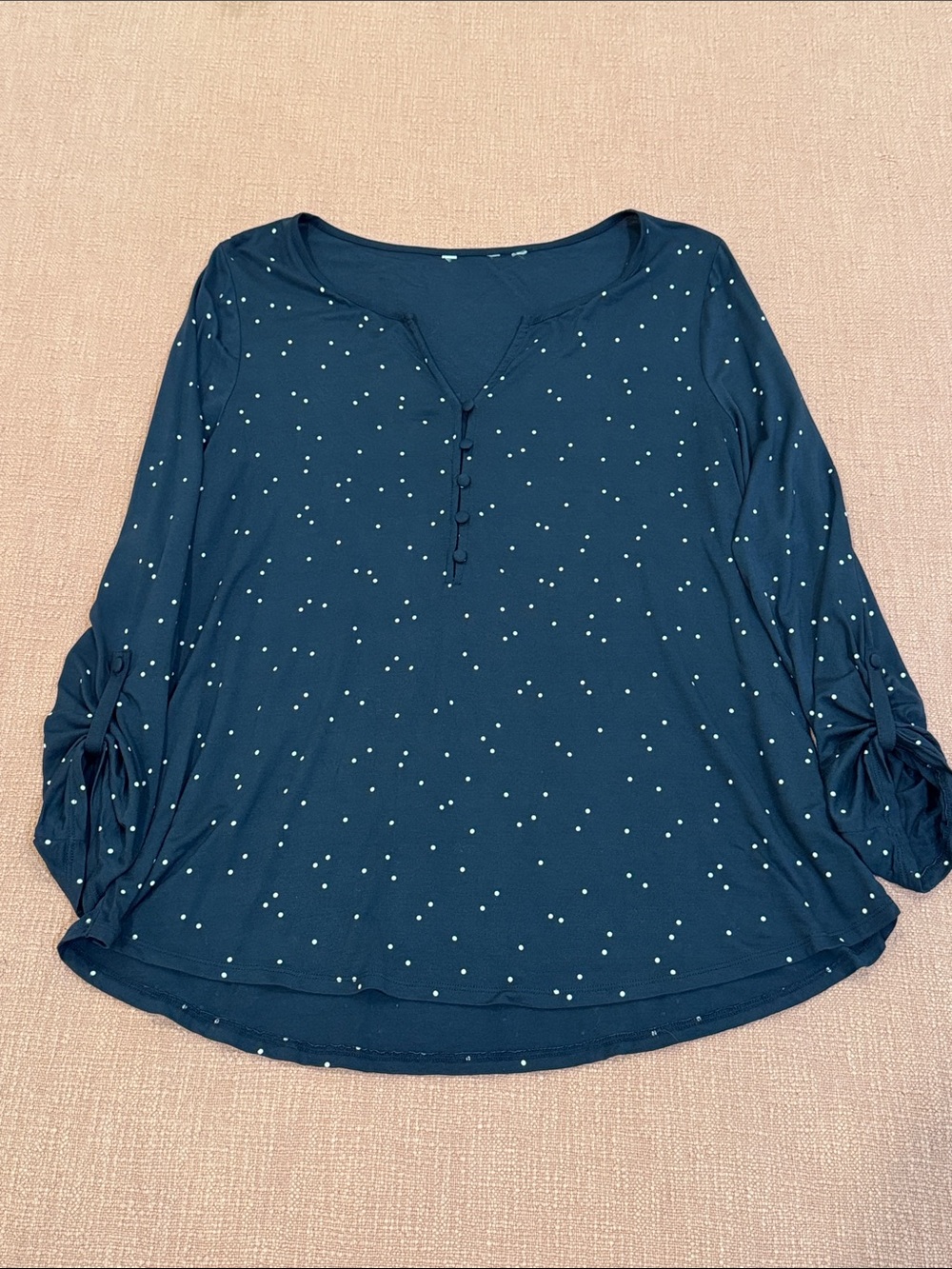 XL (IMO) Navy Polka Dot Henley Tie-Sleeve Blouse